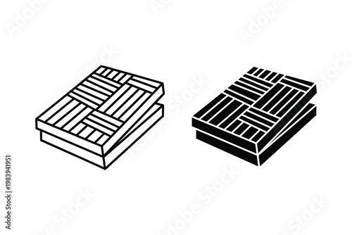 Two Stacked Open Gift Boxes with Woven Pattern, Outline and Silhouette, Flat Design Vector Illustration