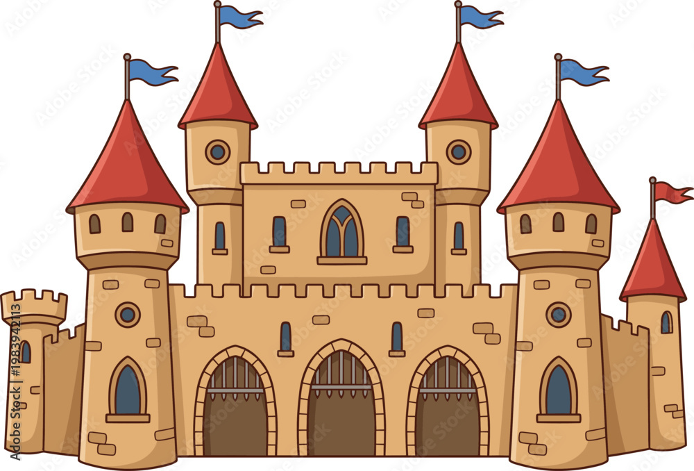 Fototapeta premium Cartoon Castle Vector Illustration with Red Flags, Tower, Fortress, and Fantasy Design for Kids, Fairytale, and Adventure Themes