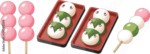 Japanese Dango and Sweet Dumpling Collection with Skewered Mochi Balls and Decorative Dessert Plates Traditional Asian Confectionery Vector Illustration Set