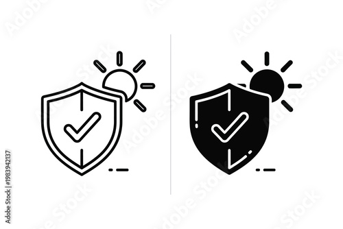Sun protection shield with checkmark, flat design vector illustration. Safety and security concept.