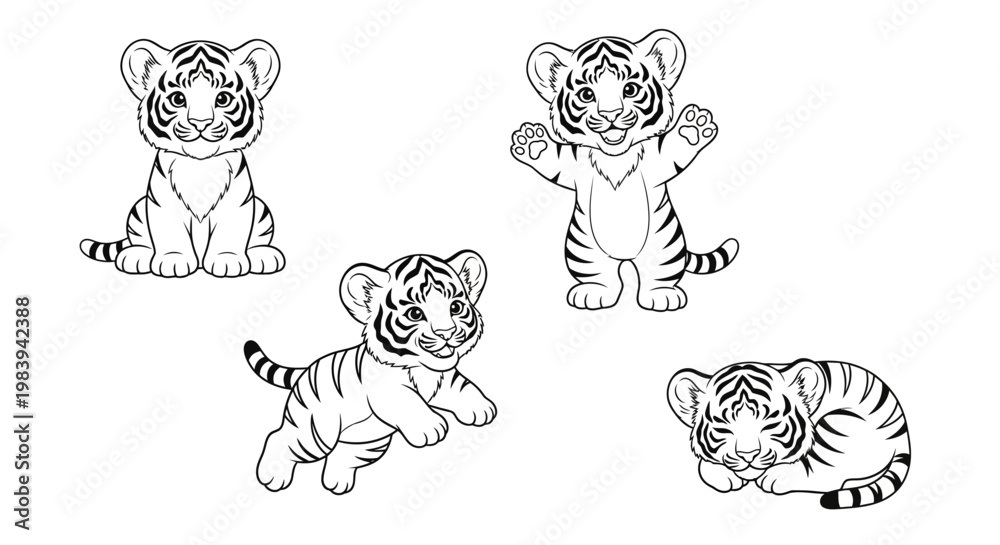 Obraz premium Four adorable tiger cubs in playful poses black and white illustration cute animals