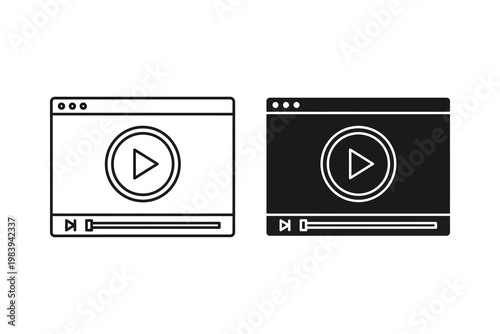 Two minimalist video player interfaces in black and white outline and solid fill, vector illustration