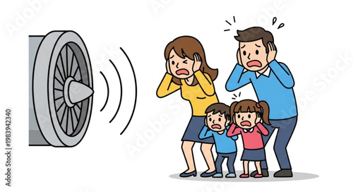 Family covering ears from loud noise of jet engine.