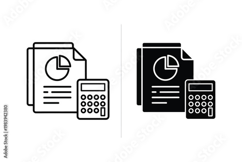Financial analysis and calculation icons with pie chart on document and calculator, flat design vector illustration