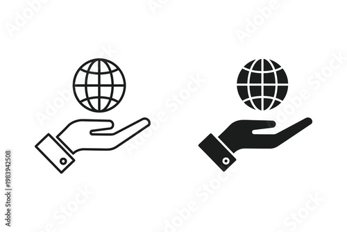 Open hand holding globe icon silhouette and outline, global symbol vector illustration