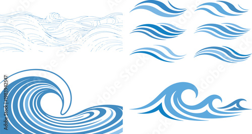 Set of blue wave graphics and icons in different styles and shapes on white background