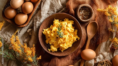 Soft scrambled eggs styled in a cohesive warm color palette, background and props matching tones