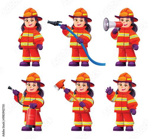 Girl firefighter character collection with fire hose, axe and rescue equipment. Vector cartoon illustration
