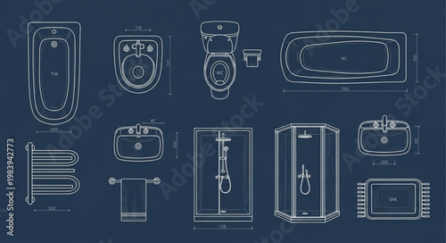 Collection of bathroom fixtures and fittings top view.