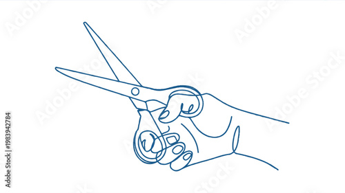 A hand holds scissors in a minimalist line art illustration.