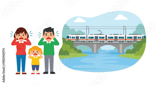 Family covering ears from loud train noise pollution.