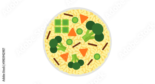 Colorful illustration of a bowl of fried rice with vibrant vegetables including broccoli and carrots, viewed from above on a clean white background