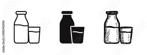 Milk bottle and glass icon set in outline, silhouette, and hand-drawn styles - dairy product vector