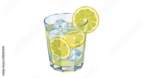 Refreshing detox drink with lemon slices and ice cubes in a clear glass, isolated on a white background, showcasing a vibrant and healthy beverage