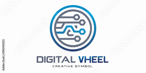 Abstract digital wheel logo with integrated circuit board design elements
