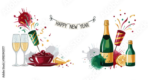 Festive New Years table decor with champagne glasses, confetti, and celebratory elements on a white background, year’s