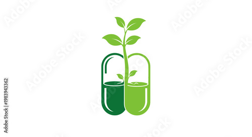 Green capsule with a plant growing inside on a white background