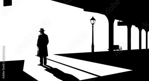 Silhouetted man in fedora waiting at a vintage railway station, dramatic black and white contrast, shadows cast by a lamp post, architectural arches