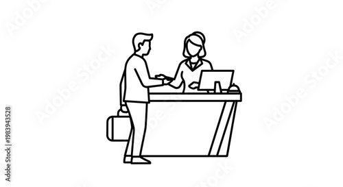 Illustration of a man checking in at a hotel reception desk, minimalist line art style with clean white background