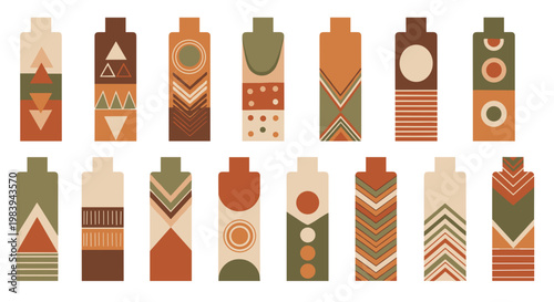 Set of painted bookmarks with geometric patterns in earthy tones, featuring triangles, circles, and chevrons on a white background