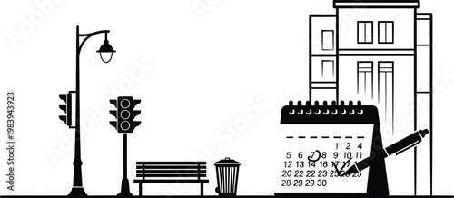 City Street Scene with Calendar and Traffic Light