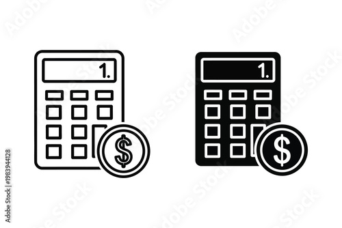 Calculator and coin with dollar sign, finance calculation icon set vector illustration