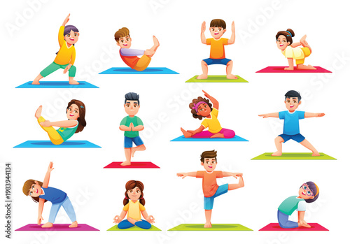 Collection of children character doing various yoga poses and stretching on exercise mats. Vector cartoon illustration