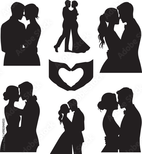 Black silhouette couples embracing heart shapes in couple embracing romance love desi