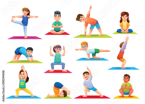 Collection of kids character practicing yoga and mindfulness positions on mats. Vector cartoon illustration