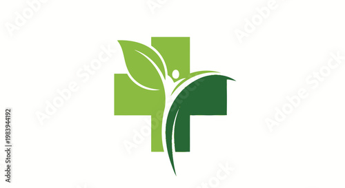 Green cross and human figure with leaves healthcare and wellness concept
