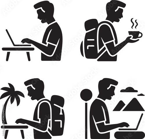 Four black and white of people using technology devices smartphone laptop desig