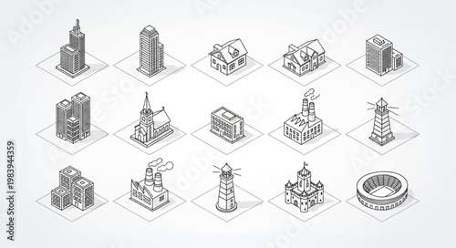 Collection of isometric architectural building sketches.