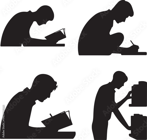 Four black silhouette depicting people in different poses and activities minimalist abstract