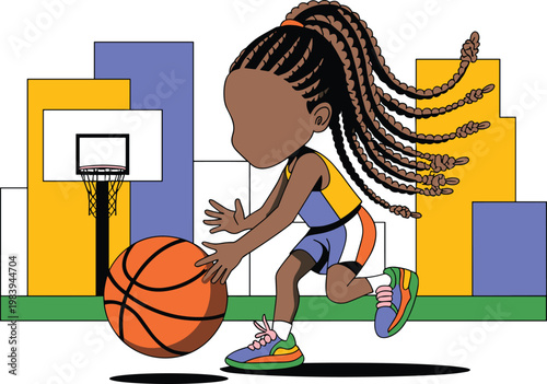 Girl with box braids playing basketball in urban city court sports vector on white background.