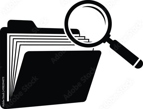 Black File Folder with Magnifying Glass on White Background