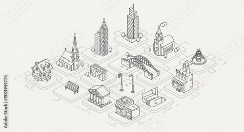 Architectural Sketch of City Buildings Isometric View.