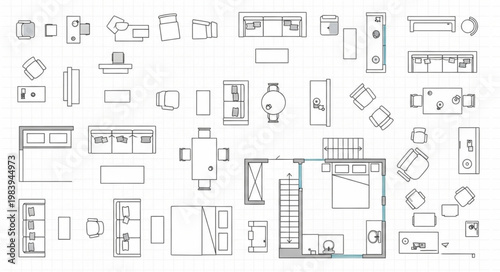 Architectural Floor Plan Drawings of Various Rooms and Furniture.