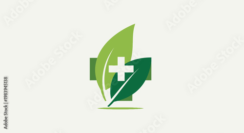 Green cross symbol with leaves for healthcare and wellness illustration