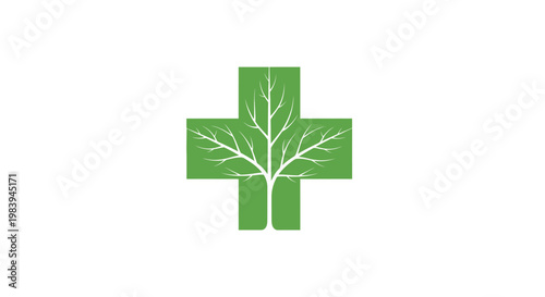 Green cross symbol with tree branches graphic on white background