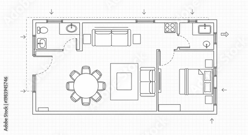 Architectural floor plan drawing of a modern house interior layout.