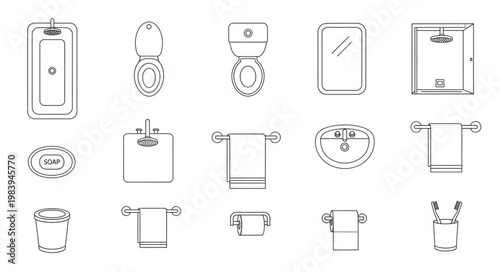 Collection of Bathroom Fixtures and Accessories Line Art Icons.