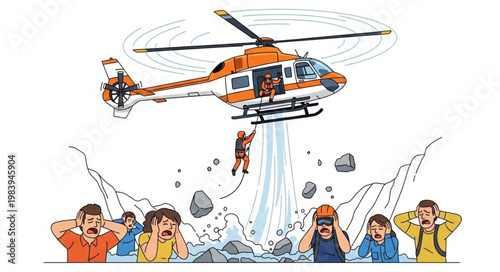 Helicopter rescue operation in a mountainous environment with people watching.