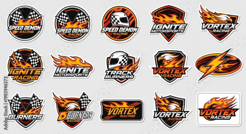 Collection of Racing Emblems with Flames and Checkered Flags.