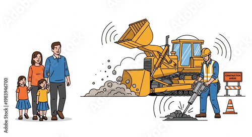 Family Observing Construction Site With Bulldozer and Worker.