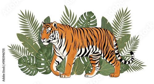 Illustration of a walking tiger with black stripes surrounded by green tropical leaves against a white background in a flat vector style, conveying a vibrant and exotic wildlife vibe
