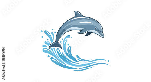 Stylized vector illustration of a dolphin leaping over a wave, set against a clean white background, rendered with smooth gradients and bright, cheerful colors to evoke a sense of playful