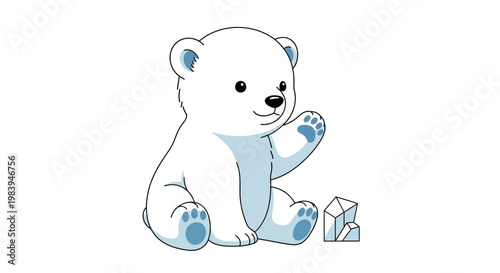 A charming cartoon polar bear cub sits cheerfully beside ice crystals in a bright, playful illustration, its friendly wave and gentle blue accents creating a heartwarming and inviting