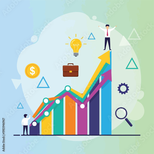 Businessman on top of growing graph.