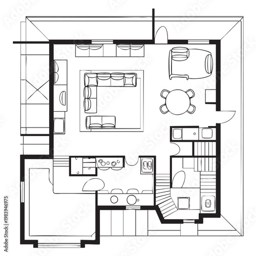 Black and white line floor plan of a two bedroom apartment with furniture layout