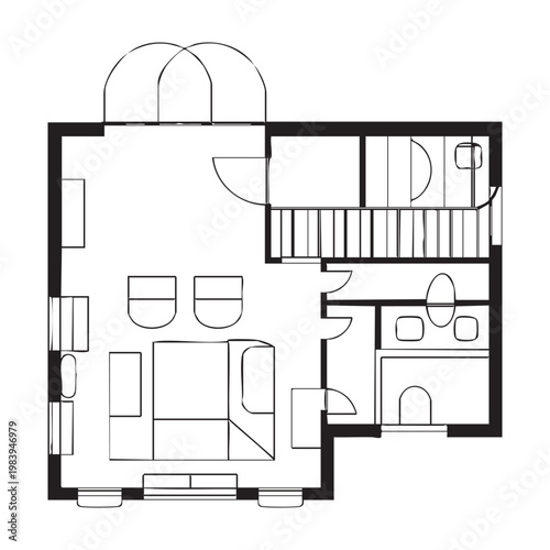 Black and white line floor plan of a two bedroom apartment with furniture layout apartment layout